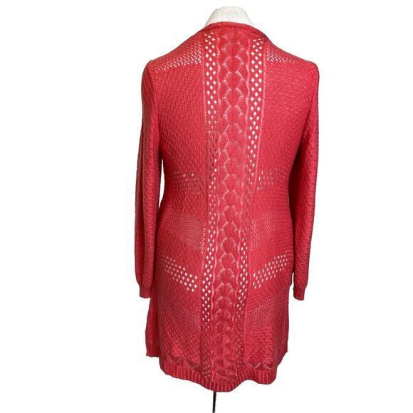 99 Jane Street Long Open Cardigan Sweater, Coral Rose, Crocheted size Large - Picture 3 of 16